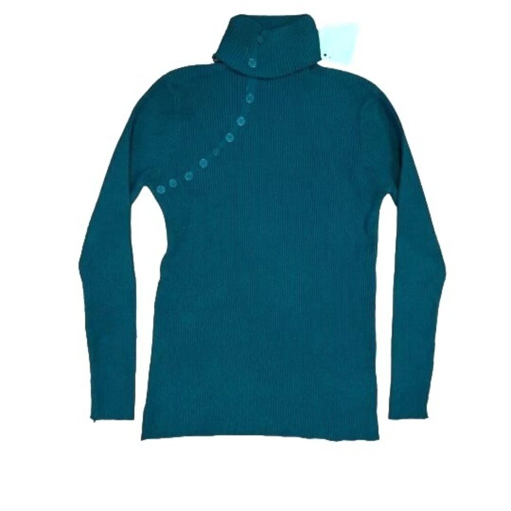 Teal Ribbed Foldover Turtleneck Sweater Button Accents Size Small Medium Womens